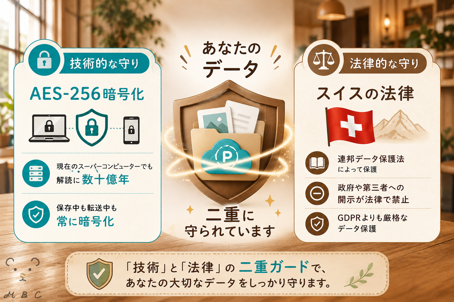 pCloudのAES-256暗号化とスイスの法律による二重ガード図解