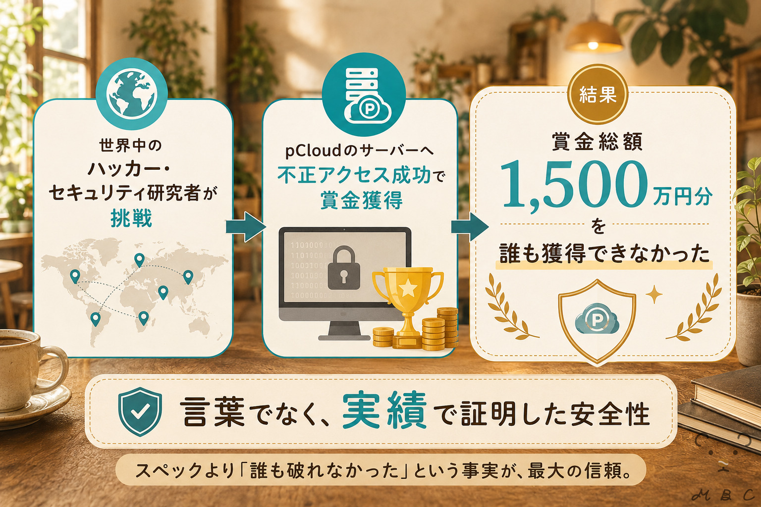 pCloudのハッカーチャレンジ実績（賞金1,500万円獲得者ゼロ）図解