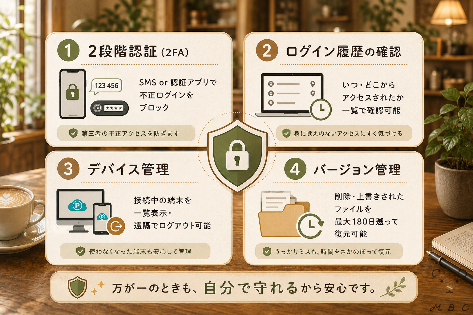 pCloudの4つのセキュリティ機能（2FA・ログイン履歴・デバイス管理・バージョン管理）図解