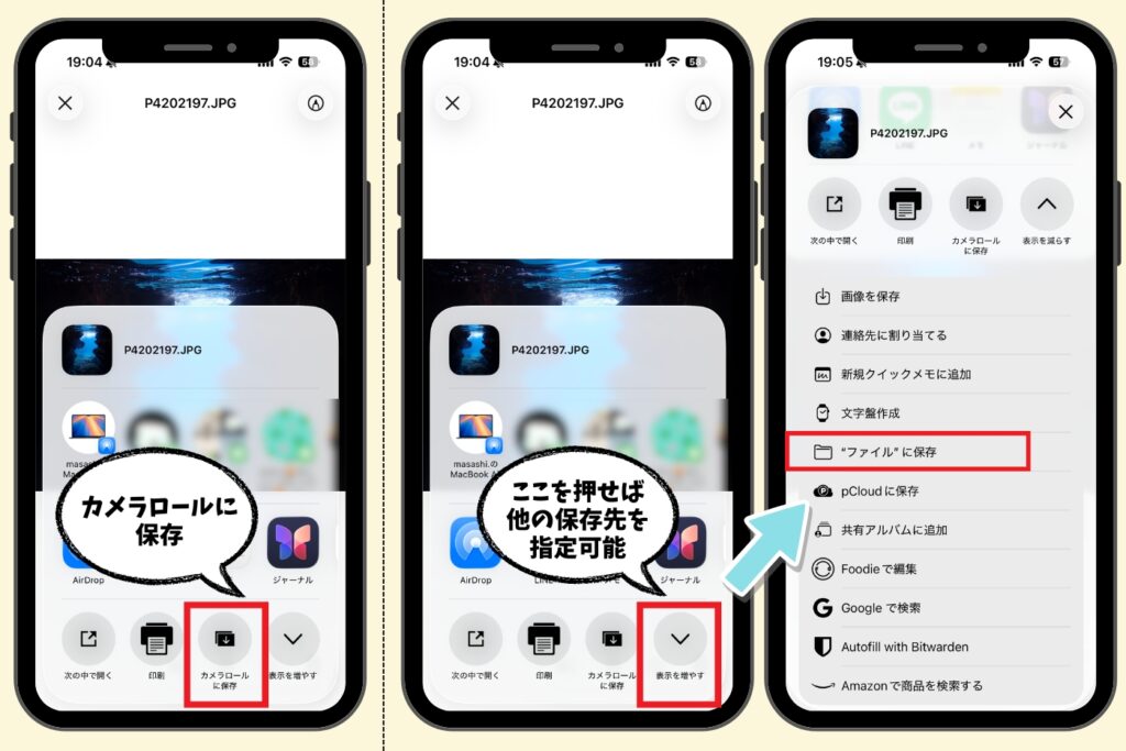 pCloudアプリからファイルをダウンロードしてカメラロールや他のアプリに保存する手順の画面