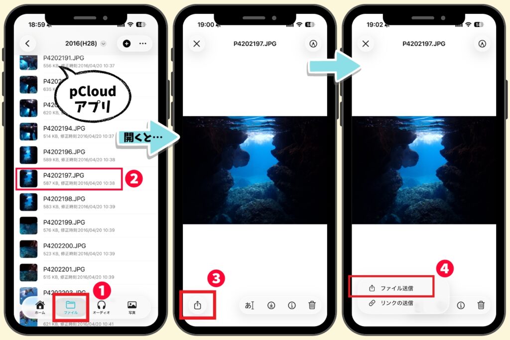 pCloudアプリでファイルを開いて共有ボタンから「ファイル送信」「リンクの送信」を選ぶ画面