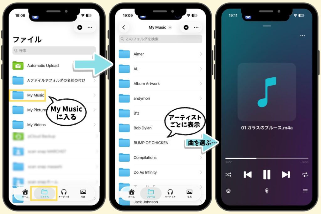 pCloudアプリでアーティスト別フォルダから音楽をストリーミング再生している画面