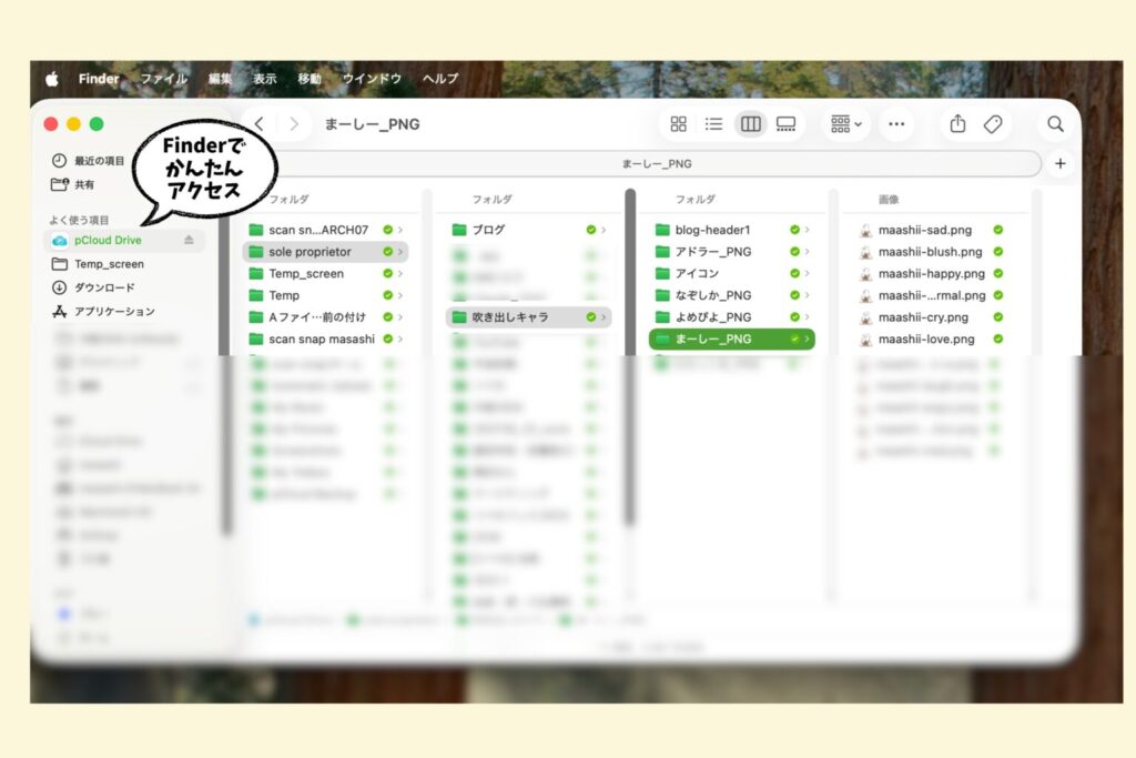 MacのFinderサイドバーにpCloud Driveが表示されている画面