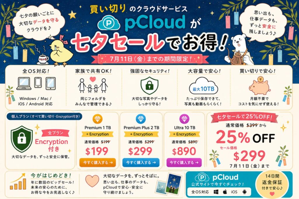 pCloud七夕セール2026年バナー｜全プランEncryption付き・7月11日まで期間限定