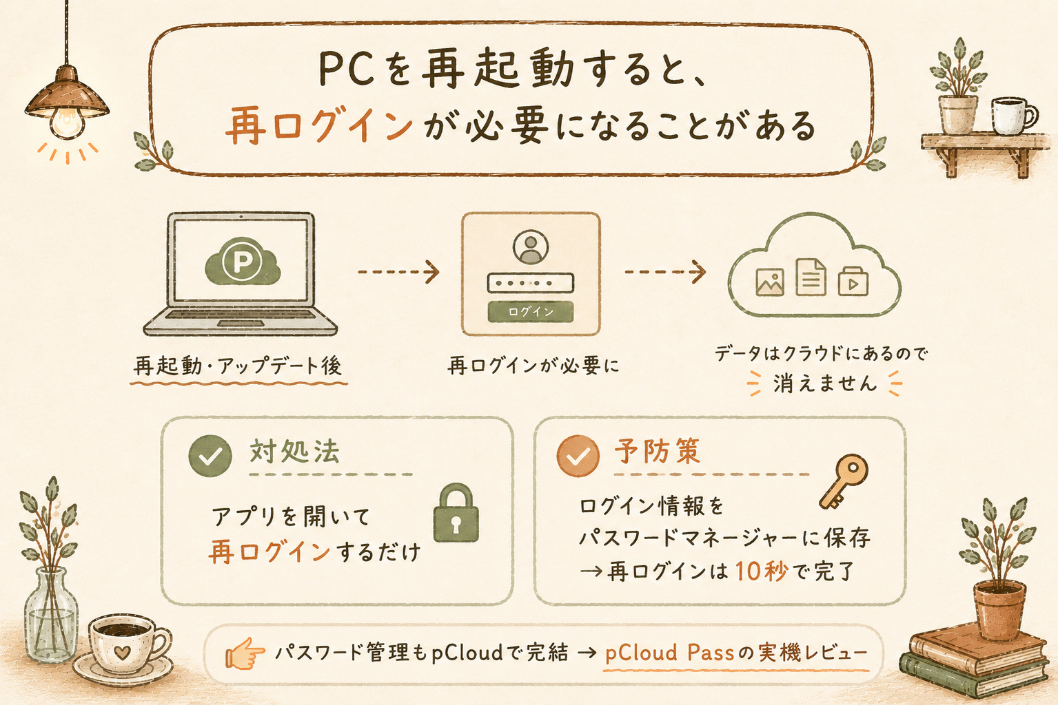 pCloudのデメリット④PC再起動後に再ログインが必要になる流れと対処法・予防策の図解