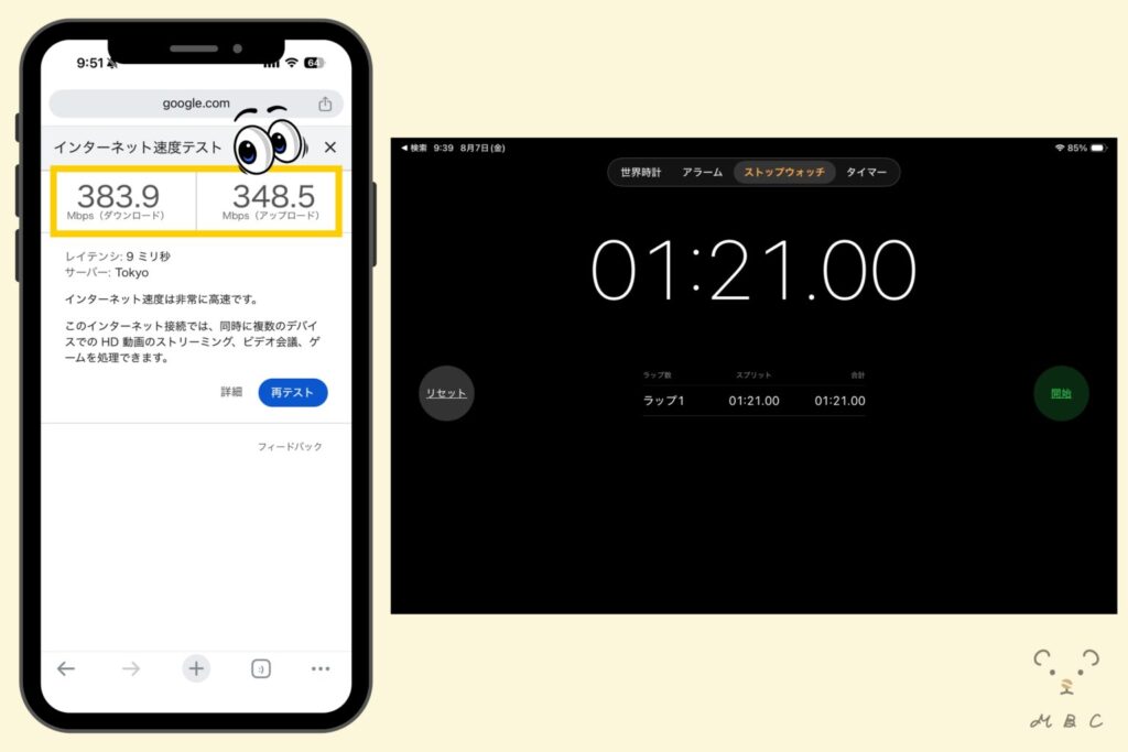 測定時の回線速度は下り383.9Mbps・上り348.5Mbps。1.46GBの動画のアップロードに要した時間はストップウォッチで1分21秒だった実測結果