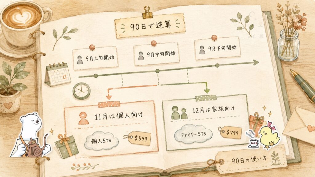 pCloud13周年キャンペーンの90日を年末セールから逆算した図。9月上旬・中旬・下旬のいずれに登録しても、11月の個人5TB 599ドルと12月のファミリー5TB 799ドルが試用期間内に来ることを示す