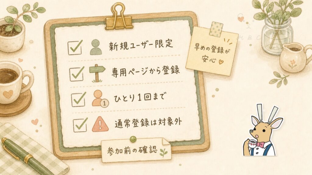 pCloud13周年キャンペーンの参加条件チェックリスト。新規ユーザー限定、専用ページから登録、ひとり1回まで、通常登録は対象外。早めの登録が安心と補足