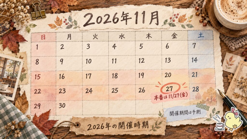 2026年11月のカレンダーでpCloudブラックフライデーの開催時期を示した図。本番は11月27日の金曜日