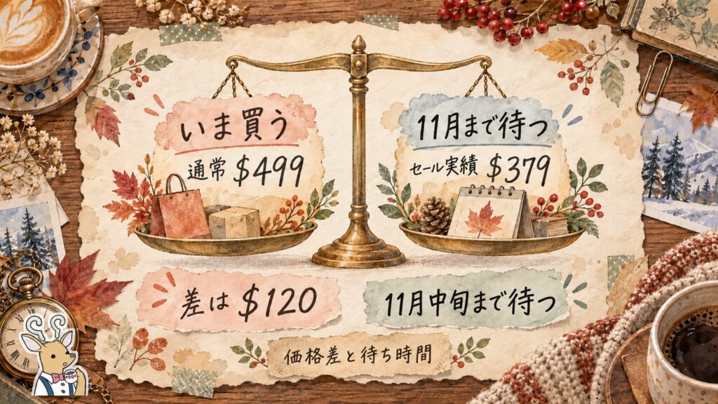 pCloudをいま買うか11月まで待つかの比較。通常価格499ドルとセール実績379ドルの差は120ドルで11月中旬まで待つ