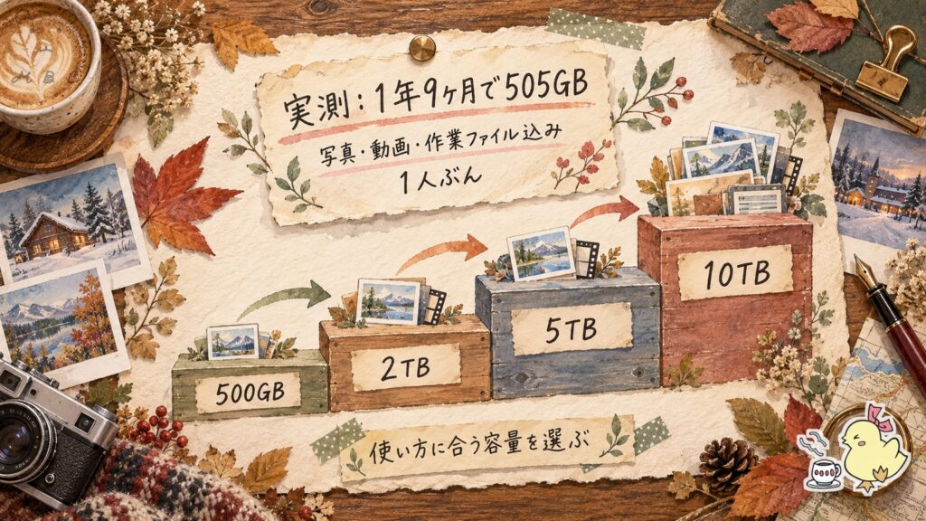 pCloudの容量の選び方。500GBから2TB5TB10TBへの階段と、1年9ヶ月で505GBという実測値をもとに使い方に合う容量を選ぶ
