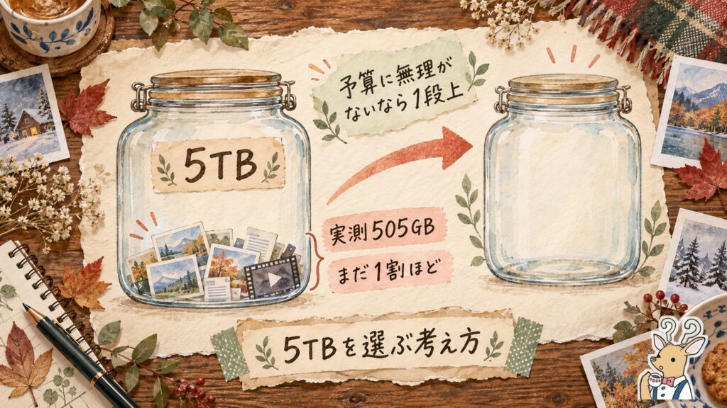 pCloud5TBは多すぎるかを示した図。1年9ヶ月の実測505GBはまだ1割ほどで、予算に無理がないなら1段上という考え方