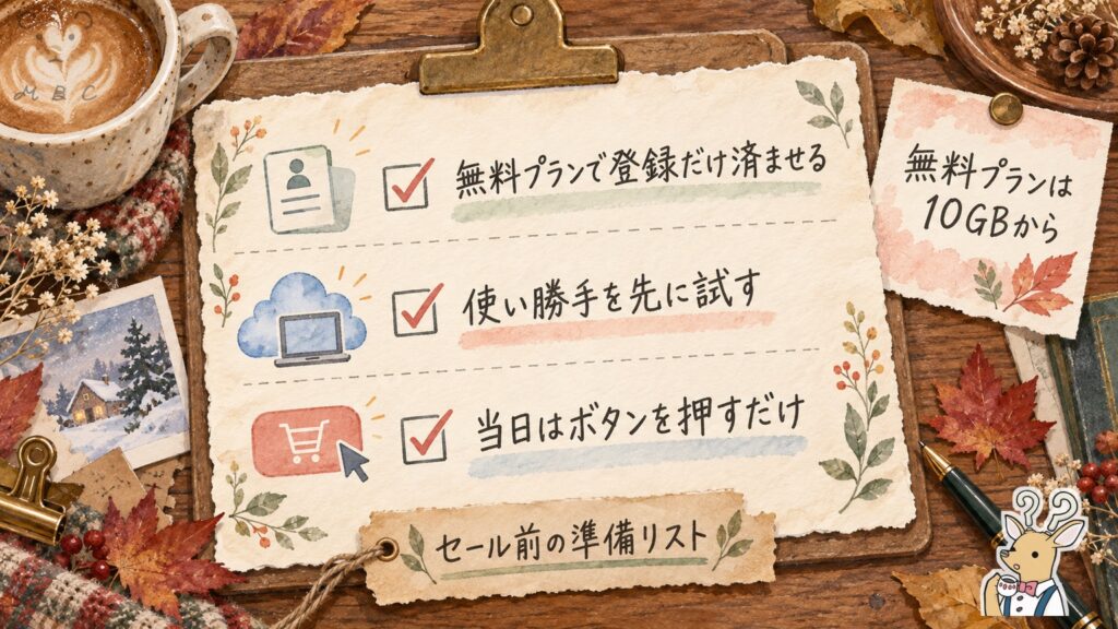 pCloudセール前の準備リスト。無料プランで登録だけ済ませる、使い勝手を先に試す、当日はボタンを押すだけの3つ