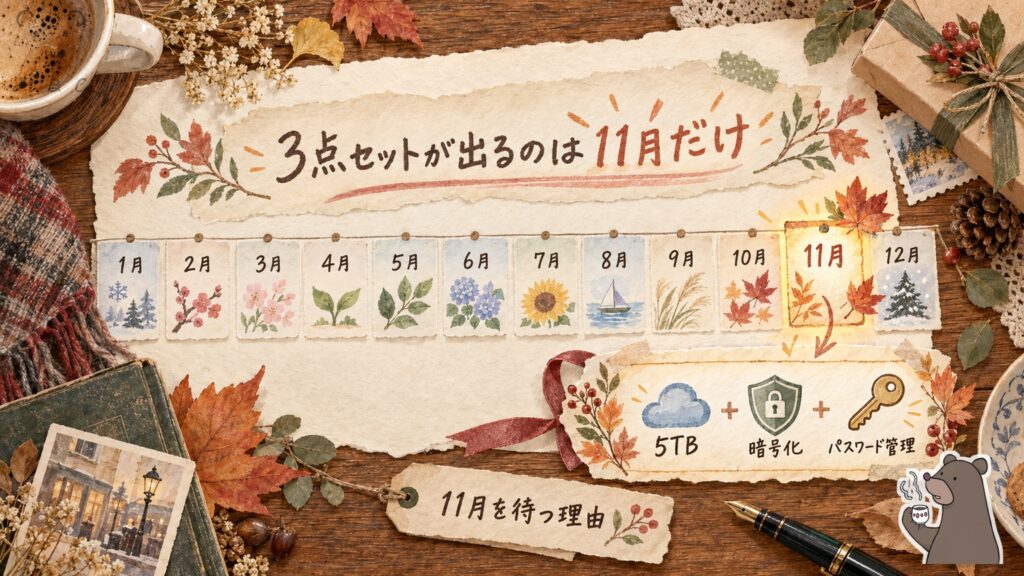 pCloudの3点セットが出るのは11月だけ。1月から12月まで並べた中で11月にだけ5TBと暗号化とパスワード管理のセットが登場する