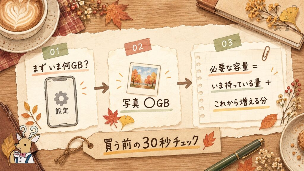 pCloudの容量を決める前にスマホの使用量を30秒で調べる流れ｜設定→写真の容量→必要な容量の式