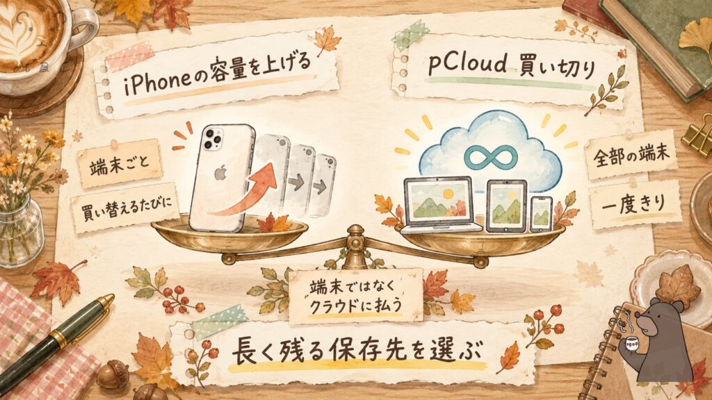 iPhoneの容量を上げるかpCloud買い切りにするかの天秤｜端末ごとに払うか一度きりか