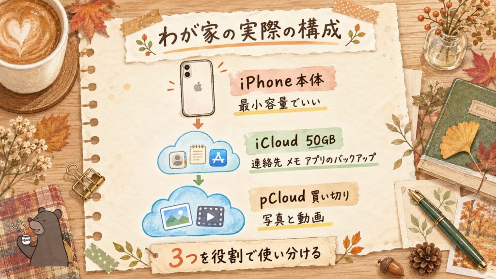 わが家の実際の構成｜iPhone本体は最小容量、iCloud 50GBはバックアップ、pCloud買い切りは写真と動画