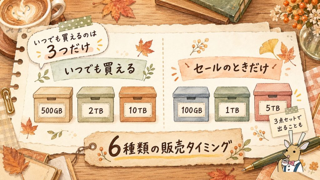 pCloudの容量6種類｜いつでも買える500GB・2TB・10TBと、セールのときだけの100GB・1TB・5TB