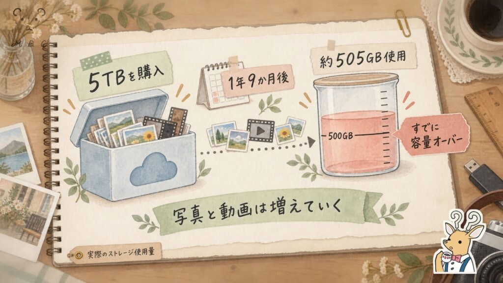 pCloudファミリー5TBを買って1年9か月後の使用量は約505GB。500GBプランなら容量オーバーになることを表す図解