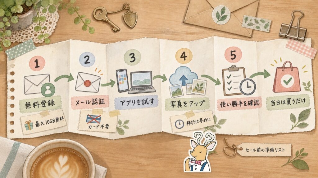 pCloudサイバーマンデーに備えて、無料登録からアプリの確認までを済ませておく5つの準備ステップの図解
