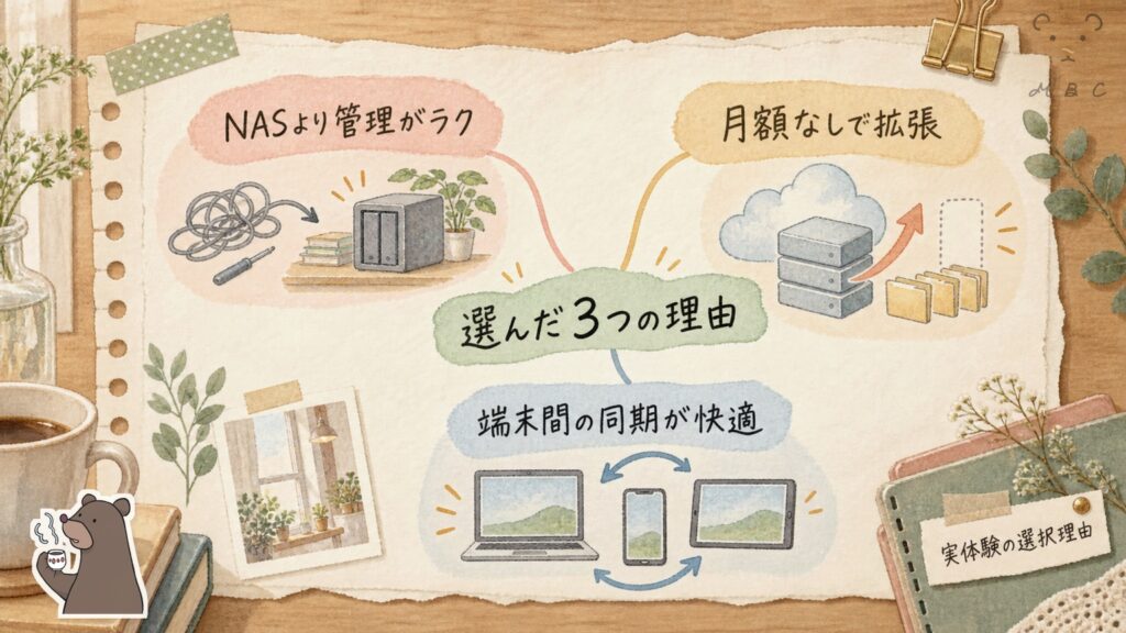 pCloudファミリープランを選んだ3つの理由の図解|NASより管理がラク・月額なしで拡張・同期が快適