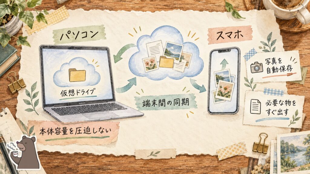 pCloudの端末間の同期の図解|パソコンの仮想ドライブとスマホの写真自動保存