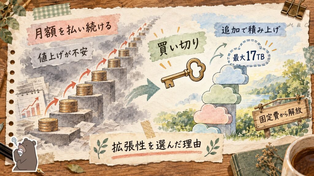 pCloud買い切りで固定費から解放される図解|最大17TBまで積み上げて拡張できる