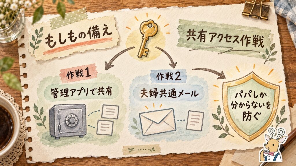pCloudの共有アクセス作戦の図解｜管理アプリで共有と夫婦共通メールの2つの備え