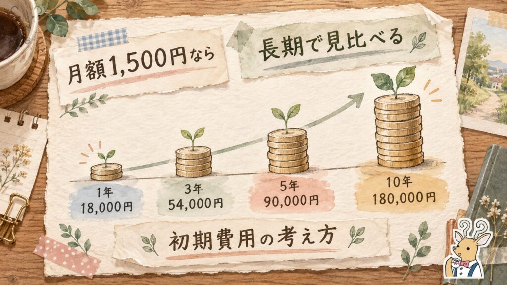 クラウドの月額1500円を払い続けた場合の総額の図解|10年で18万円になる長期比較