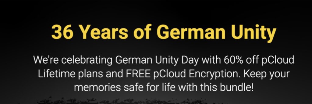 pCloudドイツ統一の日セール2026の公式ページの見出し。36 Years of German Unityと、買い切りプラン60%OFF・Encryption無料の告知文