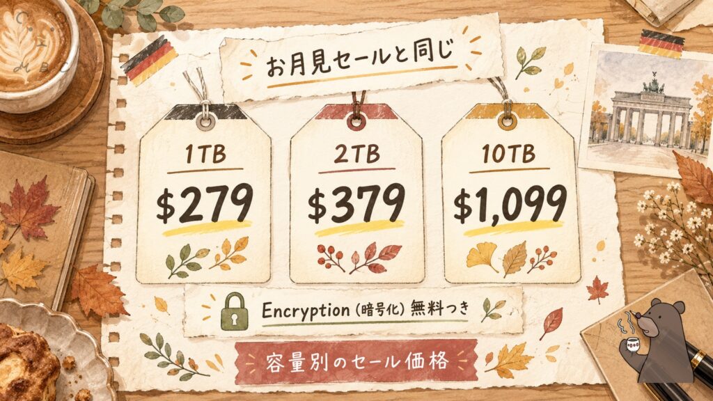 pCloudドイツ統一の日セールの容量別価格。1TB 279ドル・2TB 379ドル・10TB 1099ドルでお月見セールと同じ、Encryption無料つき