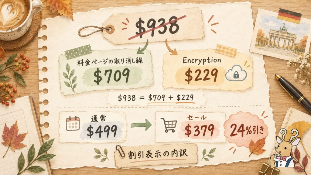 ドイツ統一の日セールの60%OFFの内訳。取り消し線938ドル=709ドル+Encryption229ドル、通常499ドルから24%引き