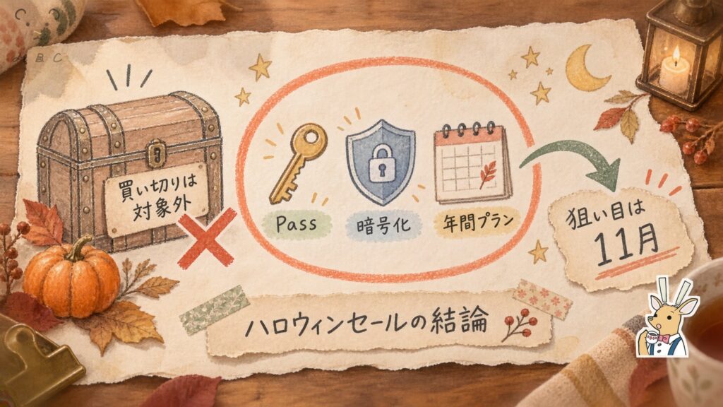 pCloudハロウィンセールの結論。買い切りプランは対象外で、安くなるのはPassと暗号化と年間プランだけ。狙い目は11月