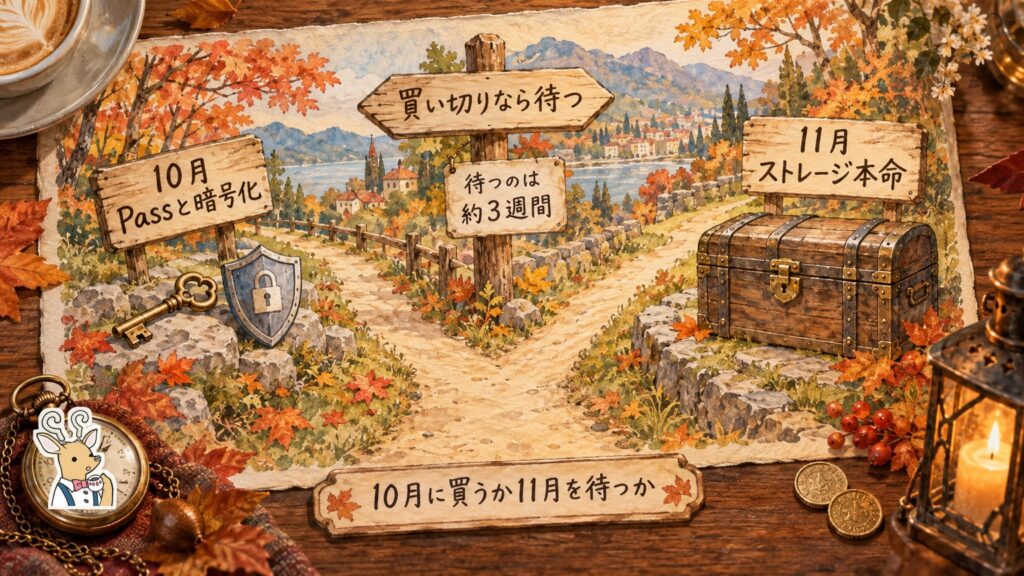 10月に買うか11月まで待つかの分かれ道。10月はPassと暗号化、買い切りが目当てなら約3週間待って11月のセールを狙う