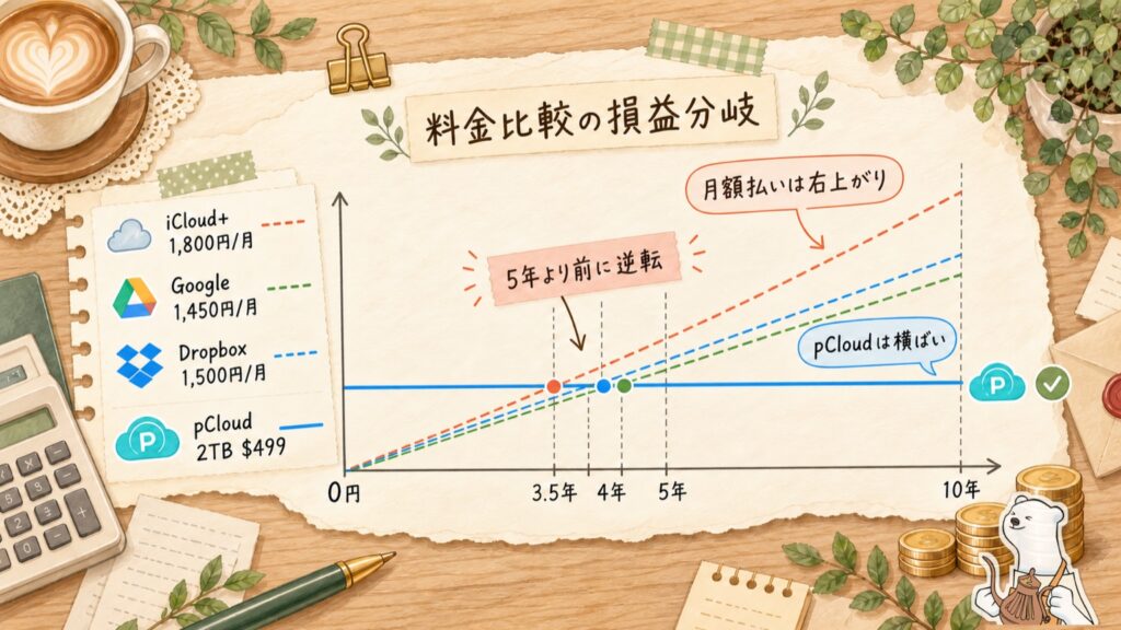 pCloud 2TB（$499）とiCloud+・Google・Dropboxの月額を比べた損益分岐のグラフ。どれも5年より前に逆転