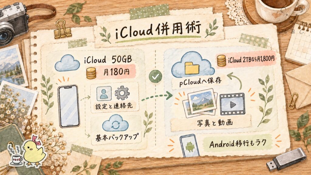 iCloudは50GB（月180円）で設定と連絡先だけにし、写真と動画はpCloudへ保存する併用術の図解