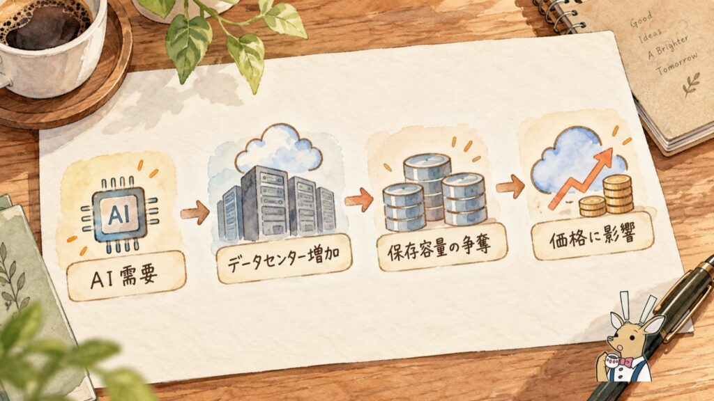 AI需要でデータセンターが増え、保存容量の取り合いが価格に影響する流れを表す図解