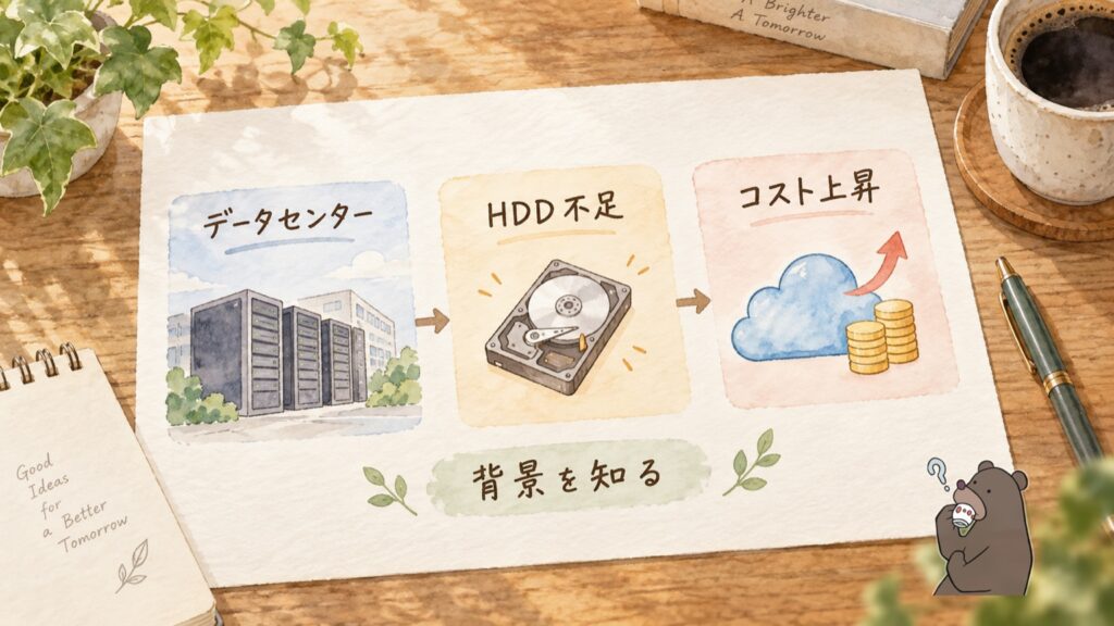 データセンターのHDD不足がクラウドのコスト上昇につながる流れを表す図解