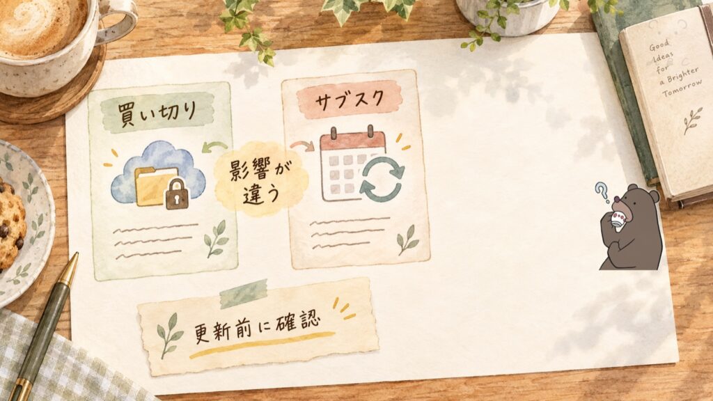 サブスクの値上げは今の契約者にも効くが、買い切りのpCloudは影響を受けないことを比べた図解