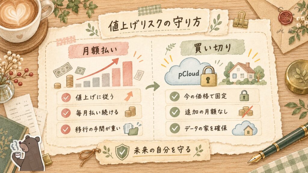 月額払いは値上げに従うしかないが、pCloudの買い切りは今の価格で固定できることを比べた図解