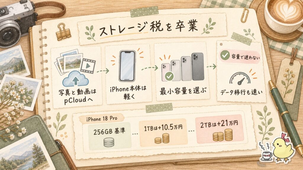 写真と動画をpCloudへ逃がし、iPhoneは最小容量を選ぶ図解。iPhone 18 Proは1TBで+10.5万円、2TBで+21万円