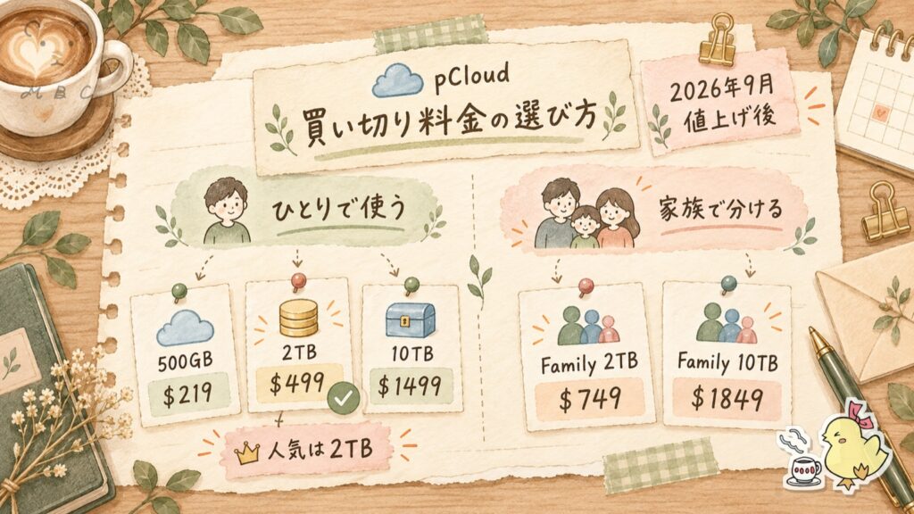 pCloudの買い切り料金の選び方。2026年9月の値上げ後の個人プラン（500GB・2TB・10TB）とファミリープランの価格