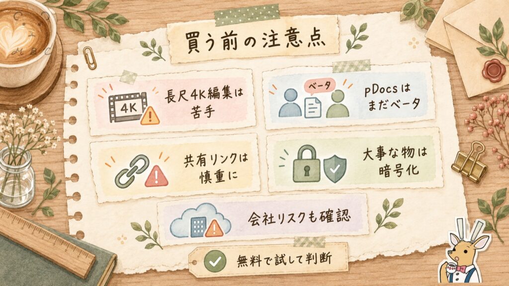pCloudを買う前の注意点。長尺4K編集は苦手・pDocsはまだベータ・共有リンクは慎重に・大事な物は暗号化