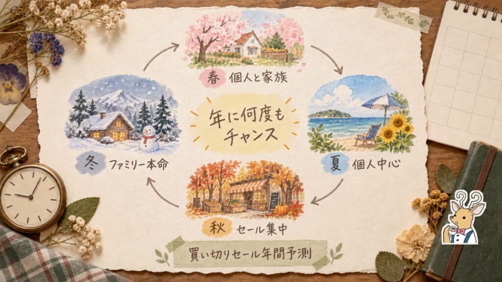 pCloudの買い切りセール年間カレンダー図解｜春は個人と家族、夏は個人中心、秋はセール集中、冬はファミリー本命