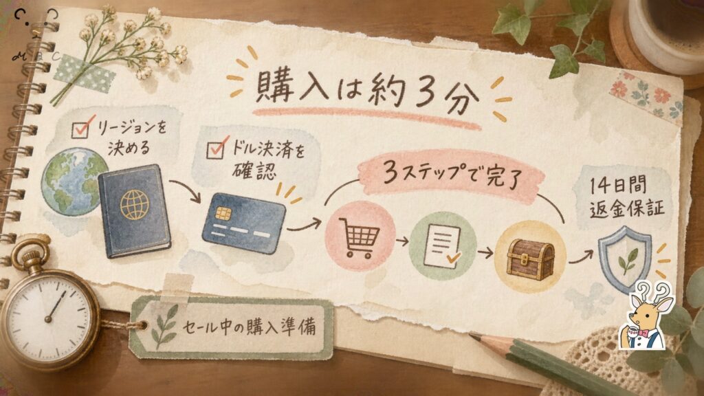 pCloudセール中の購入準備の図解｜リージョンを決めてドル決済を確認すれば約3分の3ステップで完了