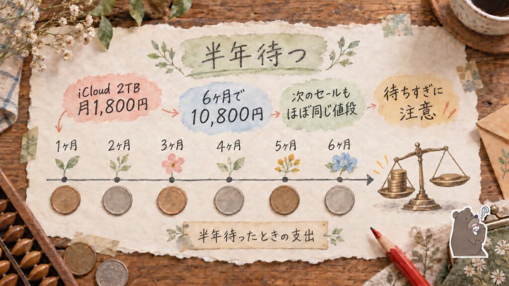 pCloudのセールを半年待った場合の支出図解｜iCloud2TBの月1,800円が6ヶ月で10,800円になる
