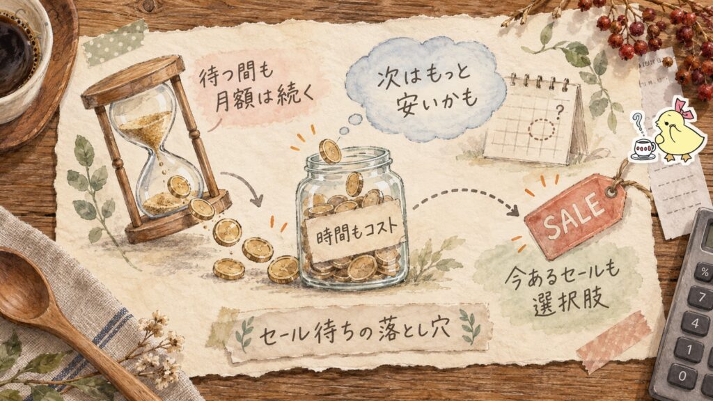 pCloudのセールを待つときの落とし穴の図解｜待つ間も月額は続き時間もコストになることを示す