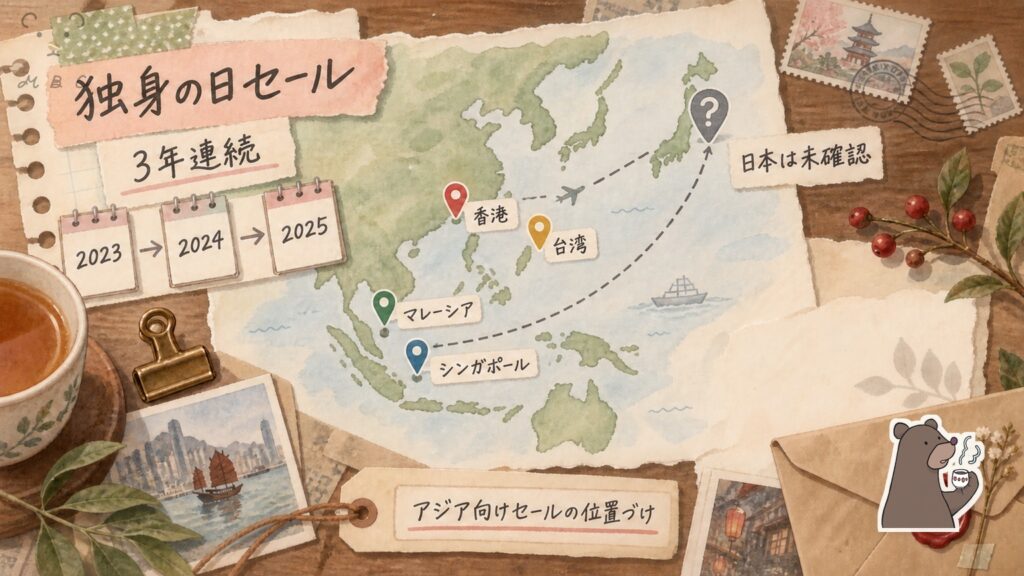 pCloud独身の日セールがアジア向けである位置づけを示す地図。香港・台湾・シンガポール・マレーシアに印があり日本は未確認