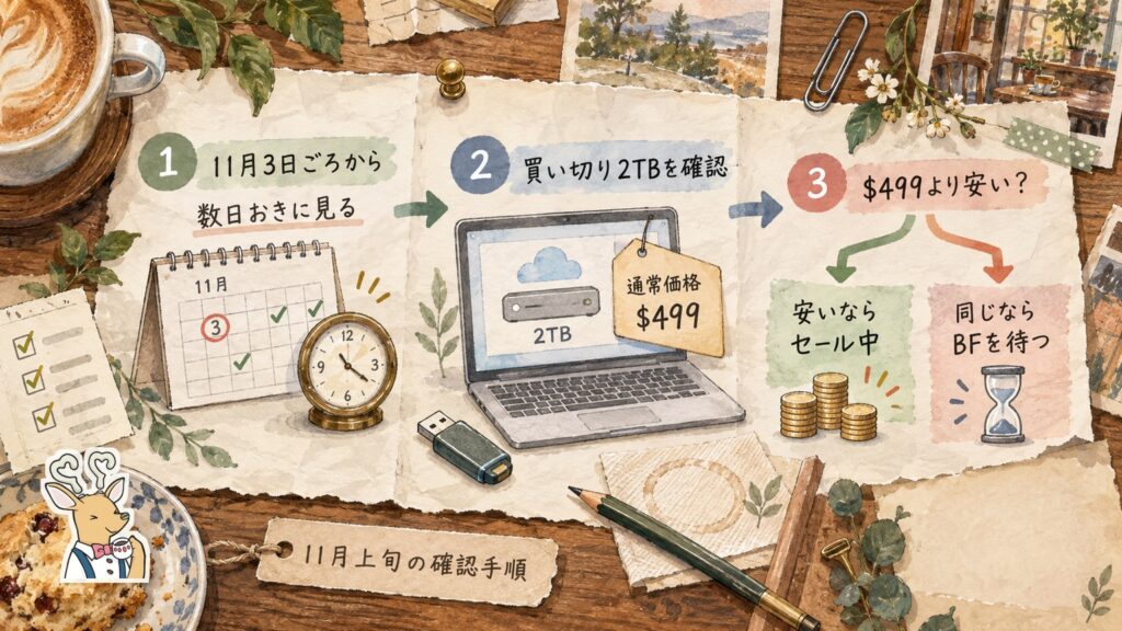 pCloudのセールを自分で確かめる3ステップ。11月3日ごろから数日おきに買い切り2TBを見て通常価格499ドルより安いか確認する