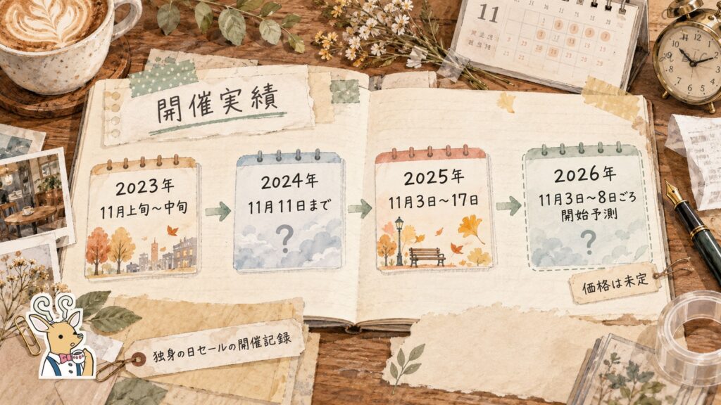 pCloud独身の日セールの開催実績。2023年は11月上旬から中旬、2024年は11月11日まで、2025年は11月3日から17日、2026年は開始予測